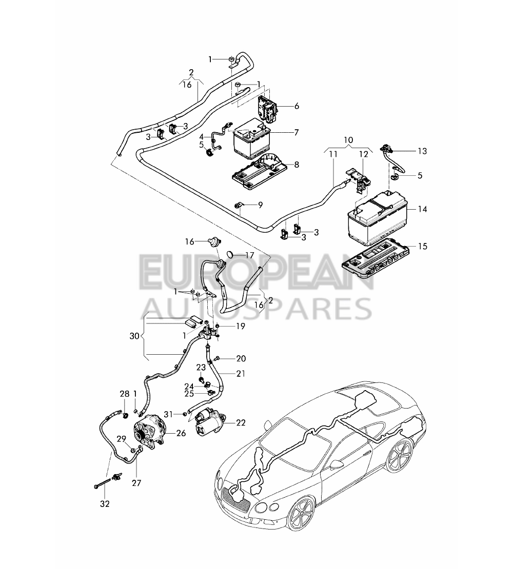 3W1971228-Bentley WIRING SET FOR BATTERY + 