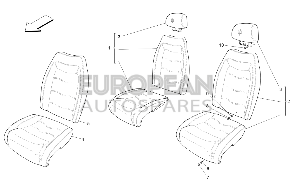 958054808-Maserati REAR RH SEAT ASSEMBLY - Stitched Trident in the headrests / EU CN US CD UK JP ME JRH / 4808 - 48 - CHRONO GREY - 094083985 - 08 - HIDE - 364015158