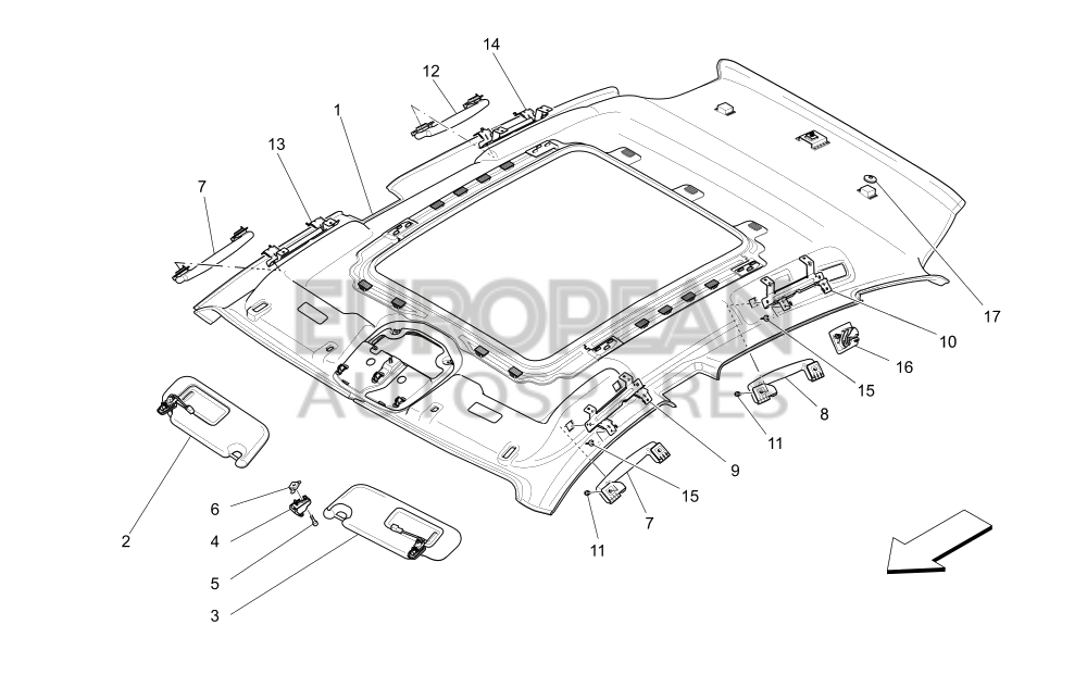 670048043-Maserati ROOF UPHOLSTERY ASSEMBLY - LARGE SUNROOF WITH ELECTRICAL DRIVE / EU AU CN UK JP ME JRH IN SA KO / GREY