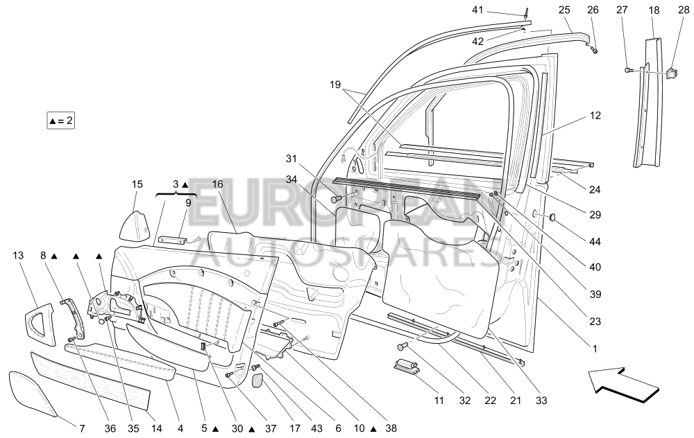986010221-Maserati FRONT RH DOOR PANEL ASSEMBLY - Dual Colour Interior / EU CN US CD JP ME / 0221 - 02 - IVORY - 364015159 - 21 - "ICE" GREY - 364000431