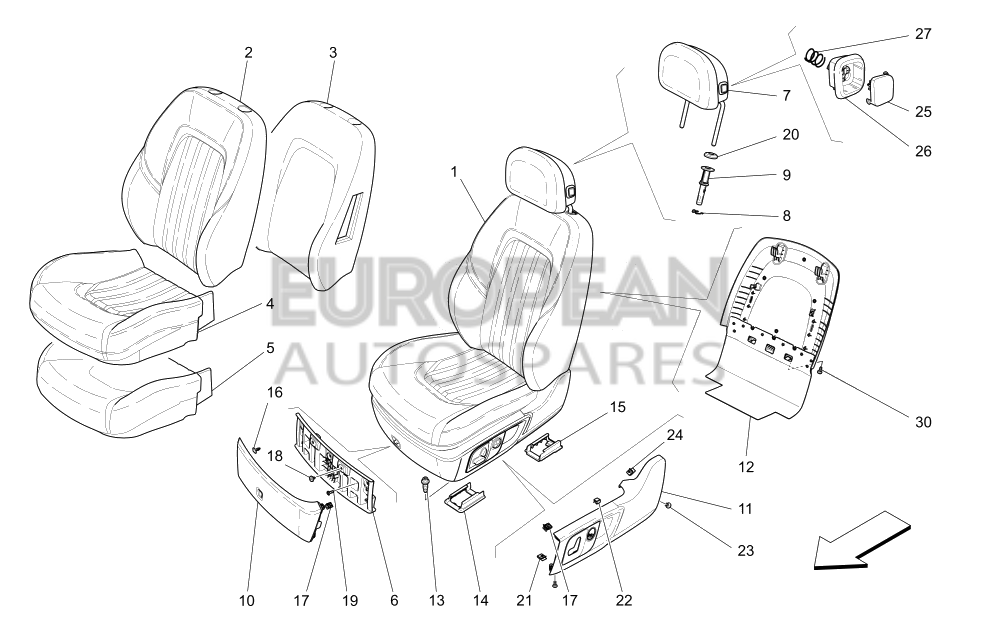 670084598-Maserati FRONT LH SEAT ASSEMBLY - V6 LEATHER SEAT UPHOLSTERY WITH VERTICAL RIB DESIGN 8-WAYS (FOR SEDANS), 12-WAYS (FOR LEVANTE) POWER FOOTPEDALS SEAT TRACK POSITION / EU CN US CD JP ME KO / SAND